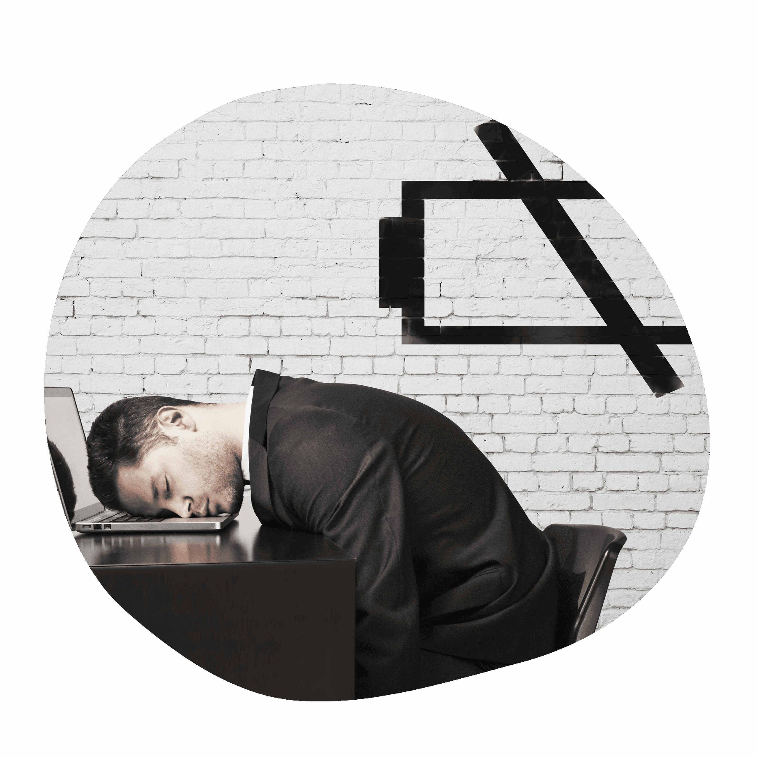 Leereingeschlafener Geschäftsinhaber mit Laptop, Stress und Burnout-Prävention.